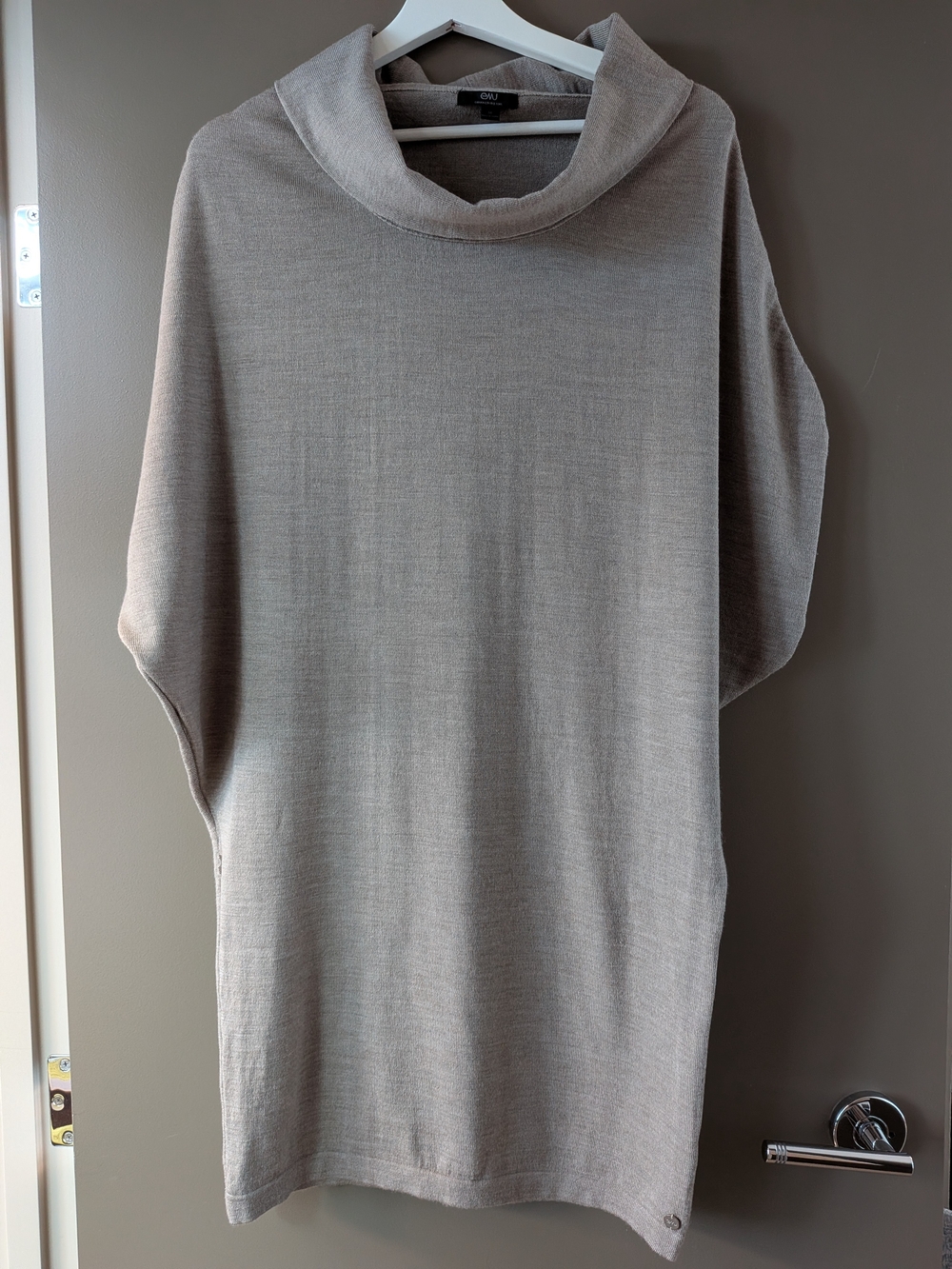 EMU Australia 100% Merino Wool Cowl Neck Batwing Knit Sweater Dress Taupe Medium